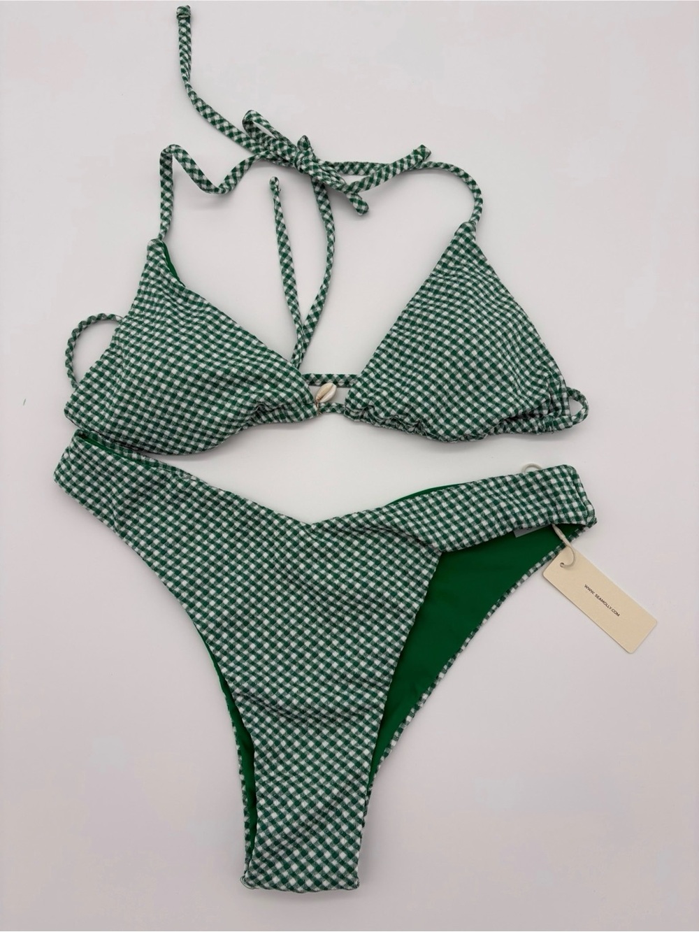 Green Gingham Triangle Bikini Set - Women Swim